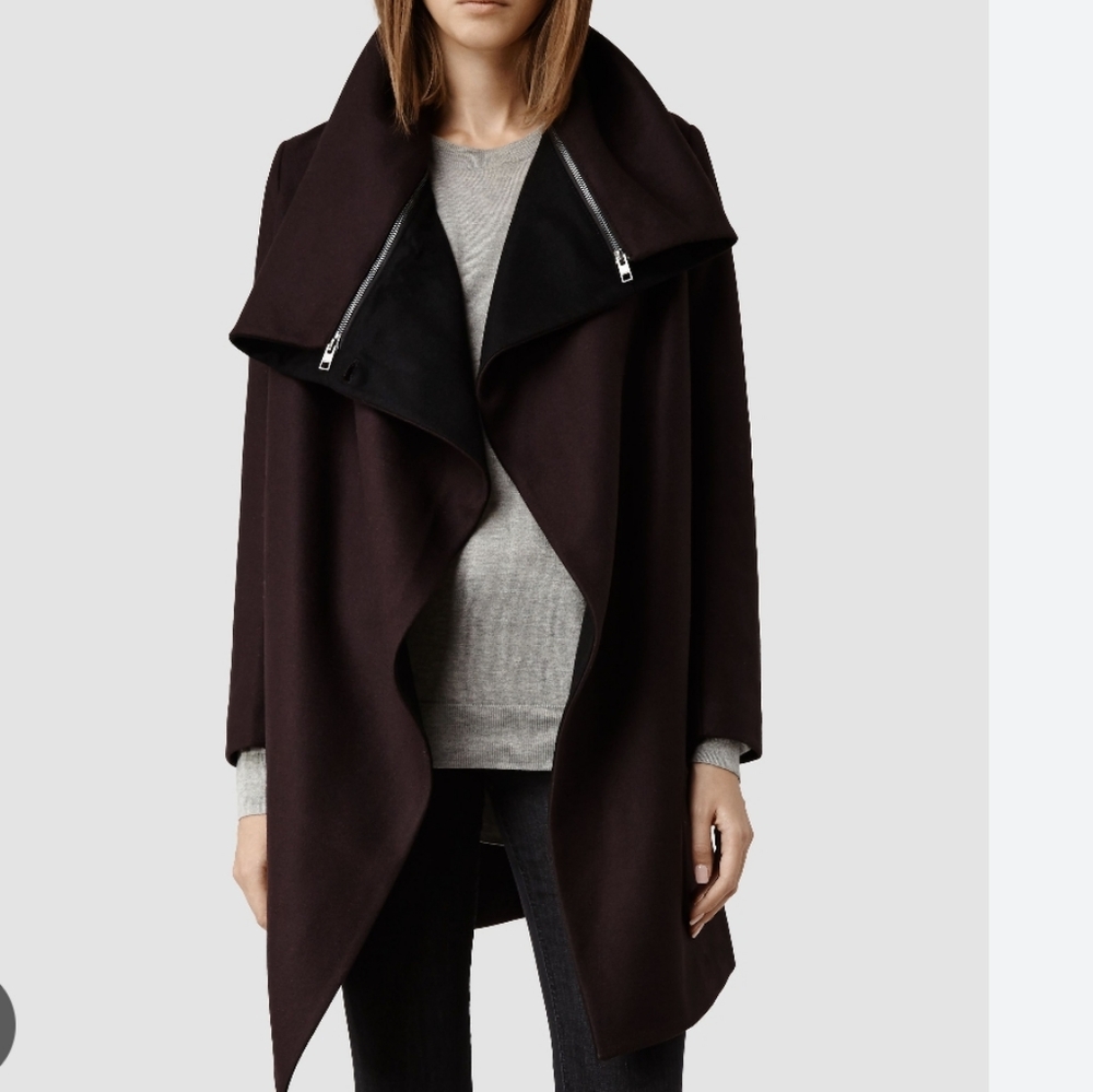 All Saints Jax Wool Blend Draped Coat Burgundy Sz 8